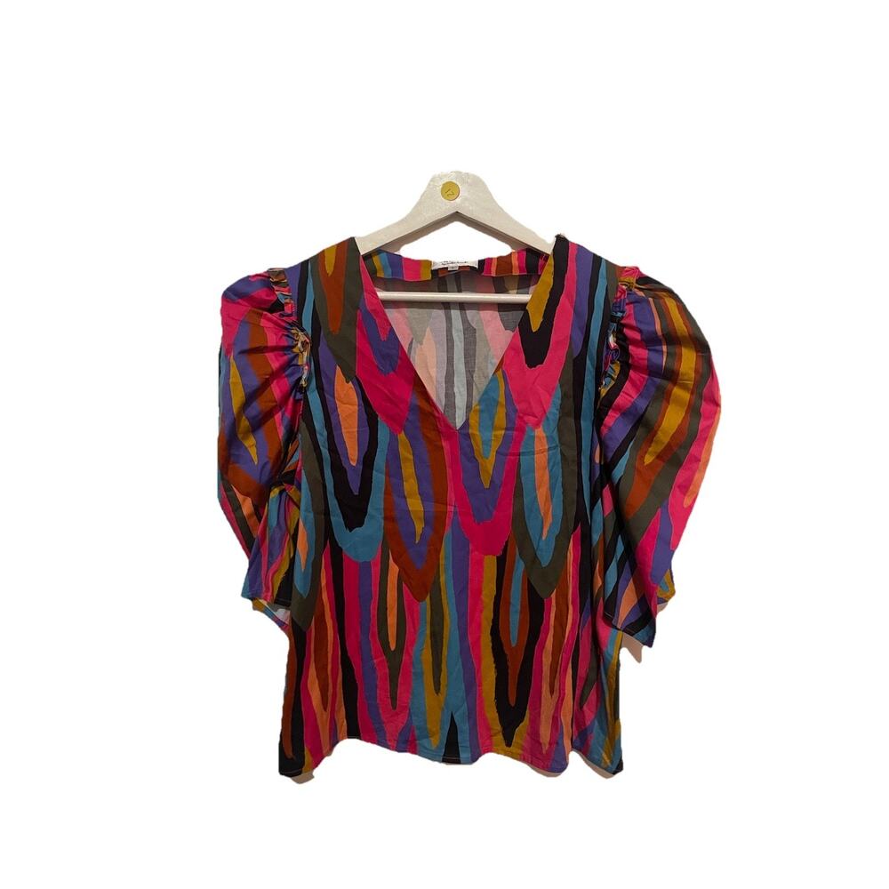 Crosby By Mollie Burch Colorful‎ Abstract Print V-Neck Short Sleeve Blouse Large